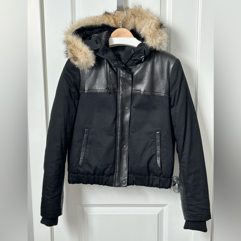 DANIER Down Filled Leather Accent Bomber w Detachable Coyote Fur Hood Trim - Picture 4 of 17